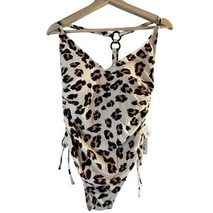 Kona Sol One Piece Swimsuit Leopard Print Ruched Side Tie Halter Neck Women M